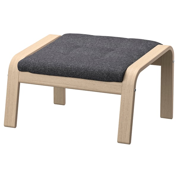 POÄNG Fußhocker: Gestell aus hellem Holz, dunkelgraues Kissen, geschwungene Beine.