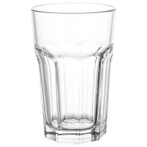 Becher aus klarem gehärtetem Glas, sechseckiges Design, robuster Café-Stil.