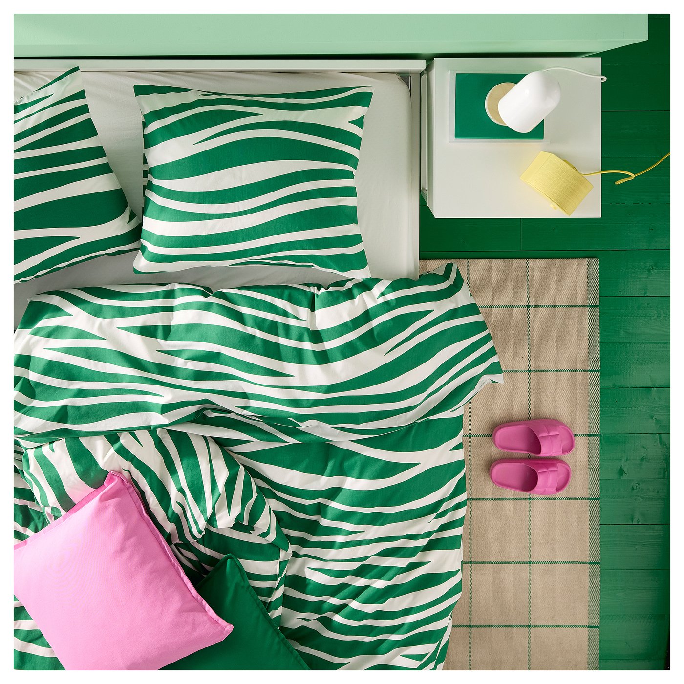 Thumbnail - IKEA PORTLAKMÅLLA Bettwäsche-Set, 2-teilig grün/weiß 155x220/80x80 cm
