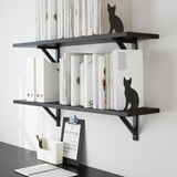Schwarze katzenförmige Buchstützen auf Regalen, die weiße Bücher aufrecht halten.