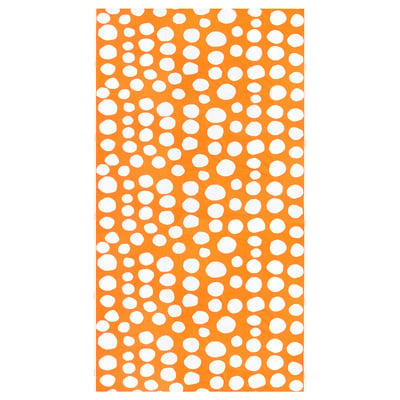 Orange-weiß gepunkteter Stoff. Helle Vorhänge oder Wanddekoration. 100 % recycelte Baumwolle.