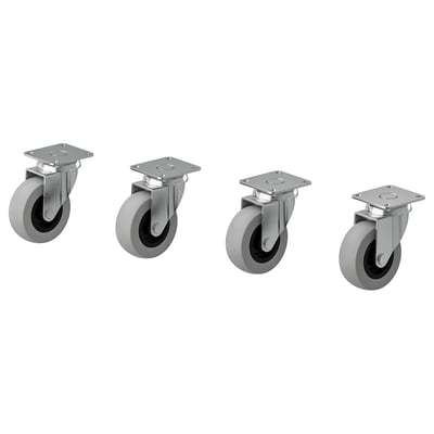 Vier graue RILL-Rollen, zwei mit Bremsen, Metallhalter, runde Räder mit Gummiprofilen, die für eine einfache Bewegung der Möbel konzipiert sind.