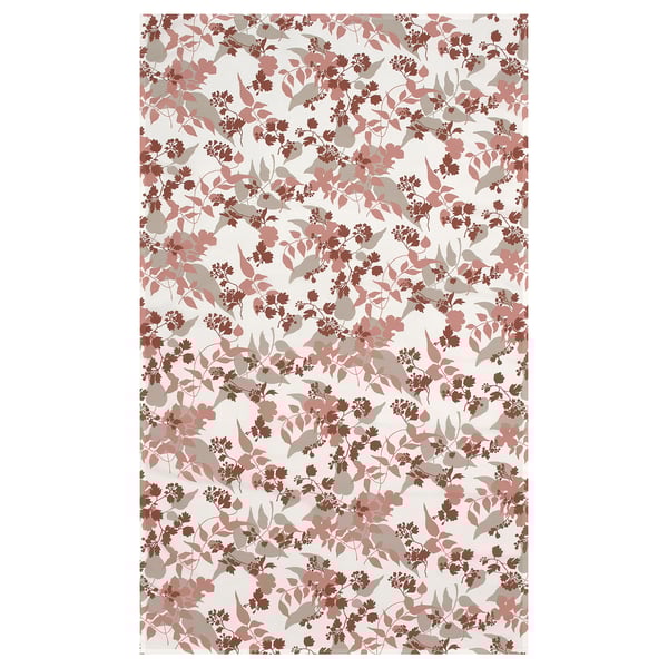 Eine rechteckige, weiße, wiederverwendbare Tischdecke namens RINGBUK mit Blumendrucken in Rosa-Braun, hergestellt aus recyceltem Polyester.
