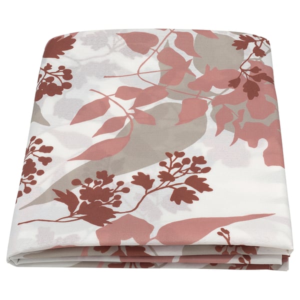 Gefaltete Tischdecke mit Flora-Muster, weiß mit braunen Blättern, recyceltes Polyester.
