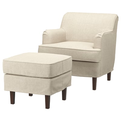 Beige ROCKSJÖN Sessel, Stoff, geschwungenes Design mit passendem Fußhocker.