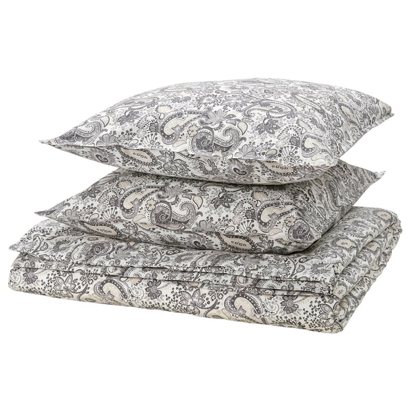 RODGERSIA Bettwäsche. Beige mit grauem Paisley. Baumwoll-Viskose-Mischung, ordentlich gefaltet.