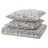 RODGERSIA Bettwäsche. Beige mit grauem Paisley. Baumwoll-Viskose-Mischung, ordentlich gefaltet.