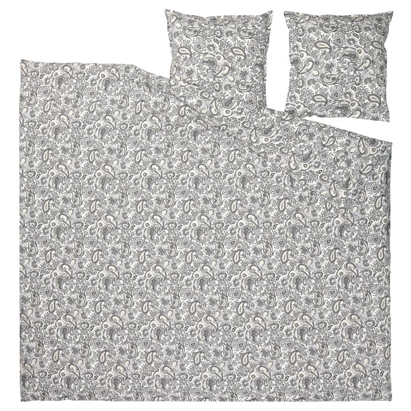 RODGERSIA Bett- und Kissenset aus grauem Paisley - Baumwoll-Viskose-Mischung, kunstvolles Blumenmuster, rechteckige Form.