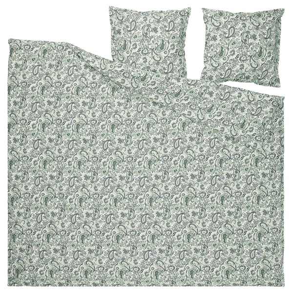 RODGERSIA, Bettwäsche-Set aus grünem Paisley. Quadratische Bettdecke und Kissen, Baumwoll-Viskose-Mischung, komplizierte Blumenmuster.