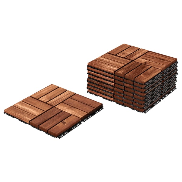 RUNNEN Terrassenfliesen aus Holz, braun, mit rechteckiger Form und ineinandergreifendem Design, geeignet für Balkone oder Terrassen.