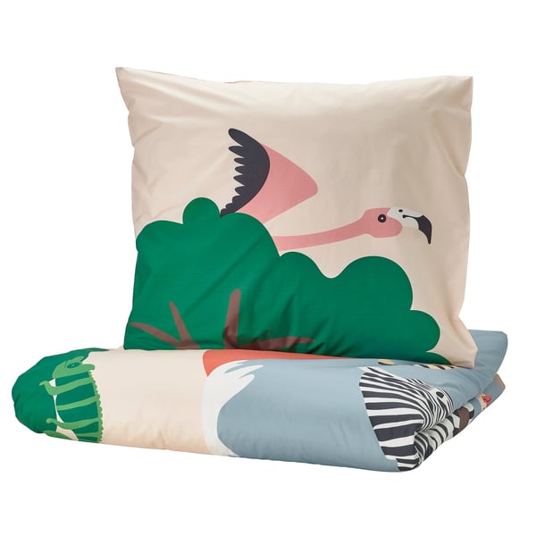 Beigefarbenes Bettdeckenset SANDLÖPARE mit Flamingos und Pflanzen, Baumwoll-Viskose-Mischung.