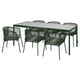 Option: Modernes Esszimmer für den Außenbereich: grüner Metalltisch und 6 passende Stühle mit geflochtenen Sitzen.