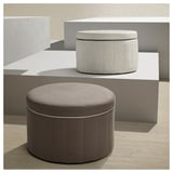 Runde Hocker, grau und beige, stoffbezogen, plissiertes Design, Stauraum innen.