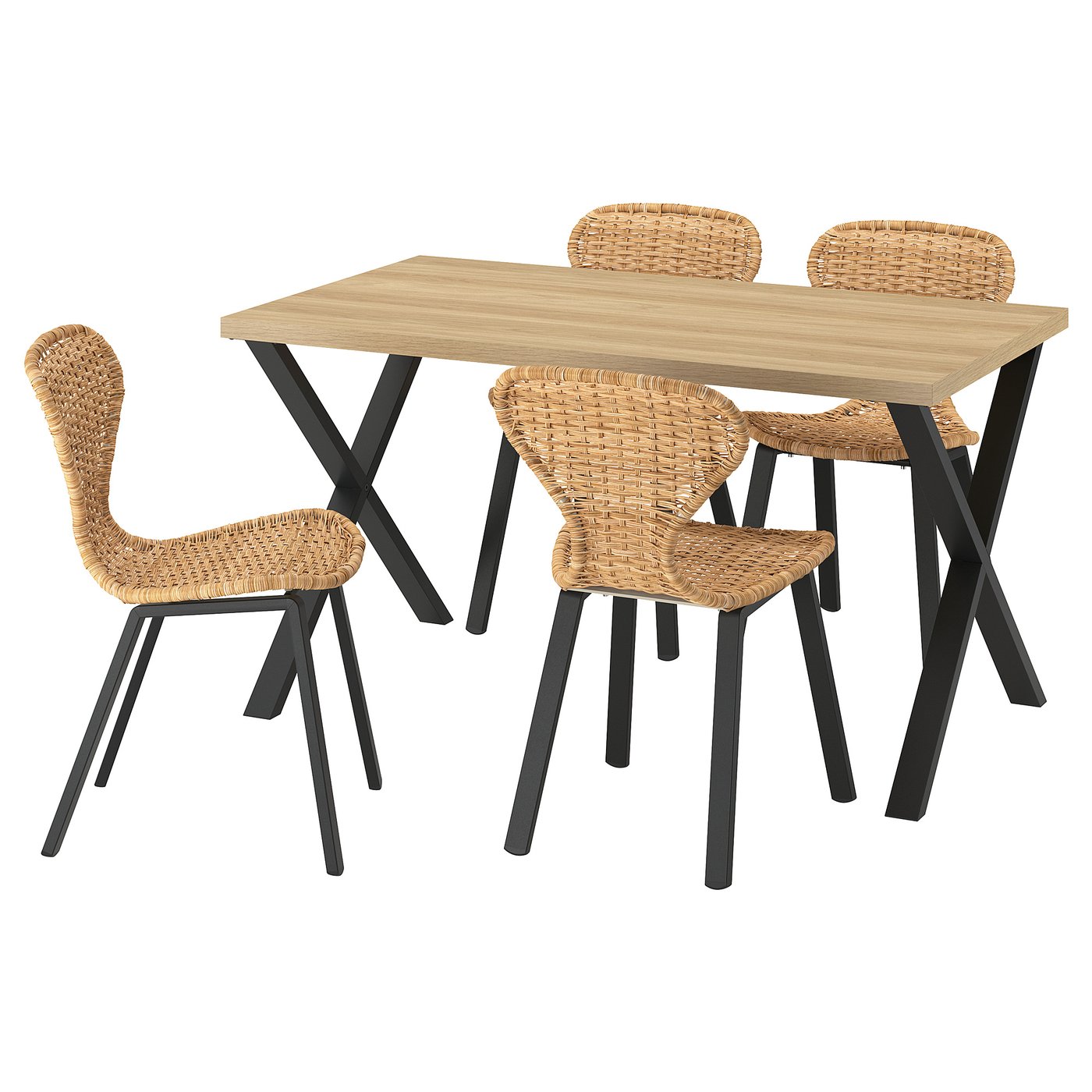IKEA SKÅLSTA Tisch und 4 Stühle Eichenachbildung x-förmig schwarzgrau/Rattan profiliertes Metall/schwarzgrau