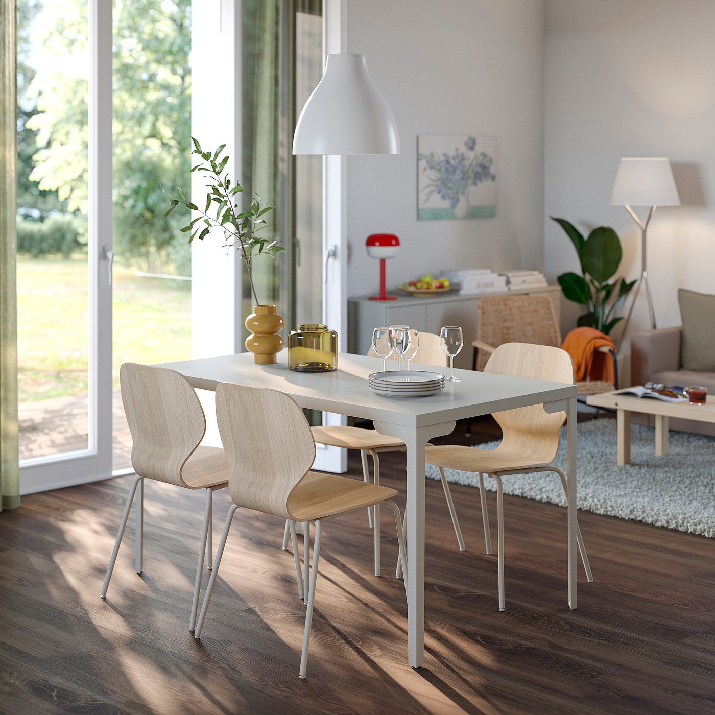 Thumbnail - IKEA SKÅLSTA Tisch und 4 Stühle helles Graubeige gerade hell graubeige/Eichenfurnier röhrenförmig. Metall/hell graubeige