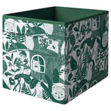 Eine SKOGSDUVA Aufbewahrungsbox in Grün mit skurrilen Walddesigns. Es ist rechteckig und besteht aus recyceltem Polyester und Polypropylen.