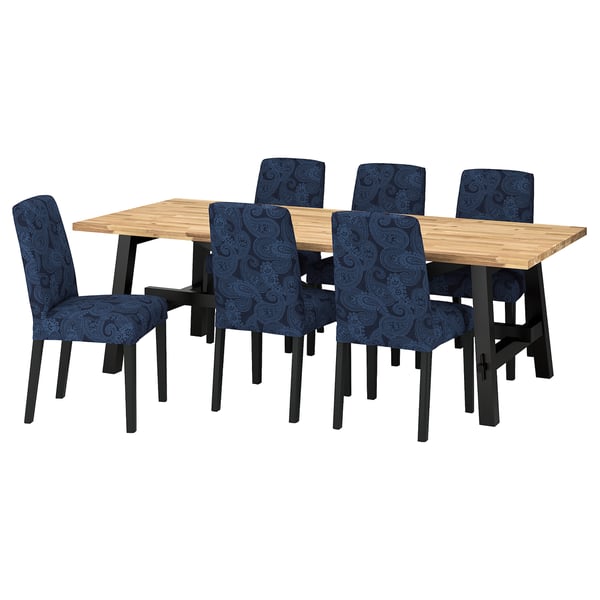 SKOGSTA / BERGMUND Tisch und 6 Stühle, Akazie/Kvillsfors dunkelblau/blau schwarz, 235x100 cm