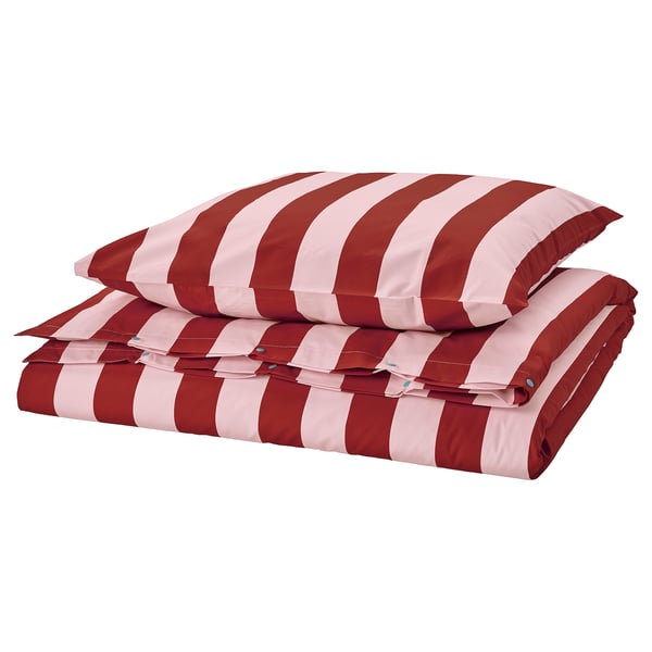 Rosa und rot gestreifte IKEA SLÅNHÖSTMAL Bettwäsche, Baumwolle/Lyocell-Mischung.