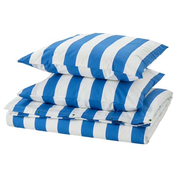 Blau-weiß gestreiftes Bettwäsche-Set: Bettbezug und Kissenbezüge, knackiges Perkalgewebe, strapazierfähig, weich und atmungsaktiv.