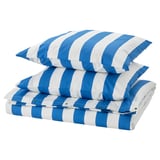 Blau-weiß gestreiftes Bettwäsche-Set: Bettbezug und Kissenbezüge, knackiges Perkalgewebe, strapazierfähig, weich und atmungsaktiv.