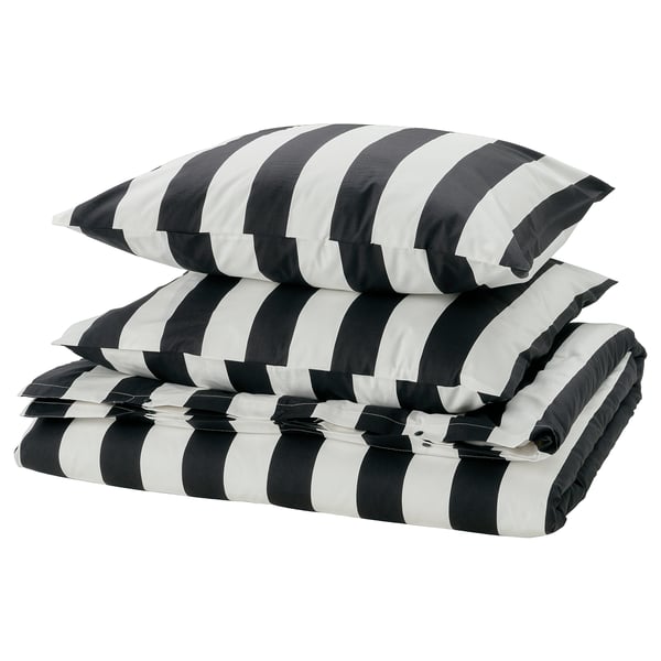 SLÅNHÖSTMAL Bettwäsche-Set, schwarz/weiß gestreift, Baumwoll-Mischung, rechteckig, knackig, Reißverschluss-/Taschenverschluss.