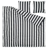 Schwarz-weiß gestreiftes Bettwäsche-Set: Bettbezug, Laken, Kissenbezüge. Modernes, klares Design aus strapazierfähigem Baumwoll-Viskose-Gemisch.