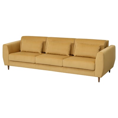 Modernes hellbraunes Sofa, SLATORP, schlankes Design mit stützenden Kissen.