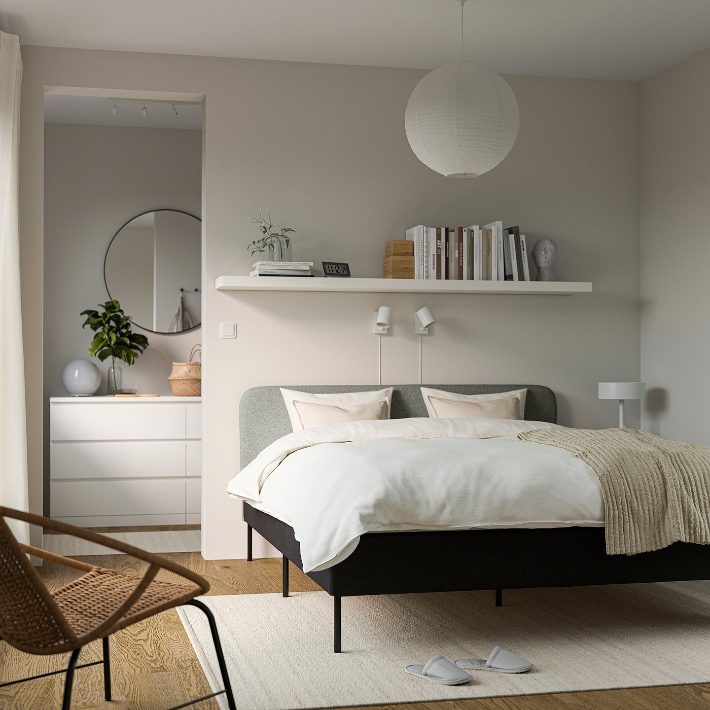 Thumbnail - IKEA SLATTUM Bettgestell+Fedholzra+Mitbal, polst Vissle dunkelgrau/mit Schonbezug für Kopfteil Öreryd grau/beige 140x200...