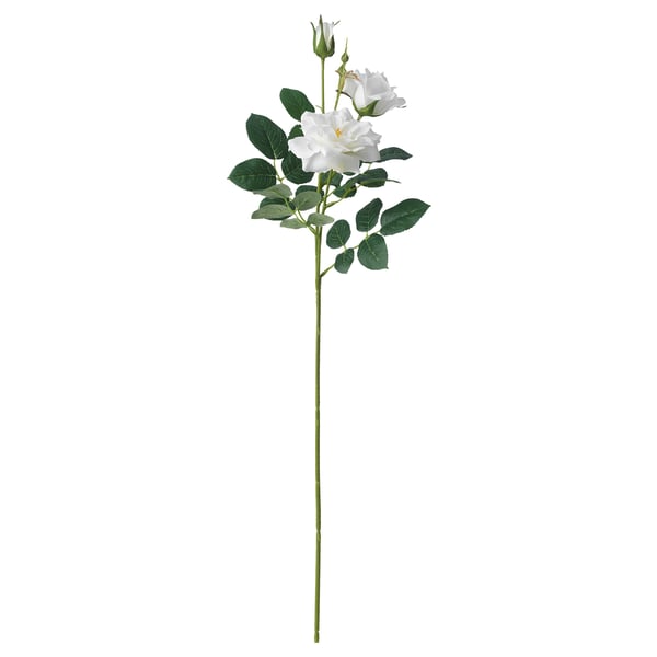 Künstliche weiße Rose mit grünen Blättern, Stielen und Knospen. Hergestellt aus recycelten Materialien.