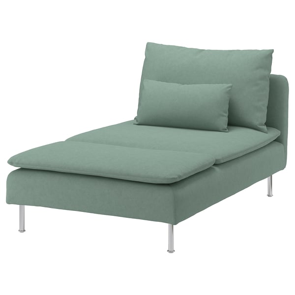 Moderne grüne Chaiselongue mit Metallbeinen, weichem Chenillebezug.