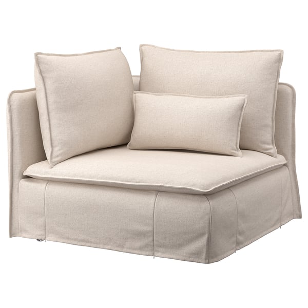 Ein beigefarbenes IKEA SÖDERHAMN Sektionssofa mit losen Rückenkissen für Komfort und Halt. Es ist ein modernes, einladendes Design mit 10 Jahren Garantie.
