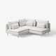 Modernes weißes L-förmiges Ecksofa mit abnehmbaren Kissen und Metallbeinen.