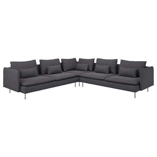 Dunkelgraues, L-förmiges Sofa mit Metallbeinen, Plüschkissen und modernem Design.