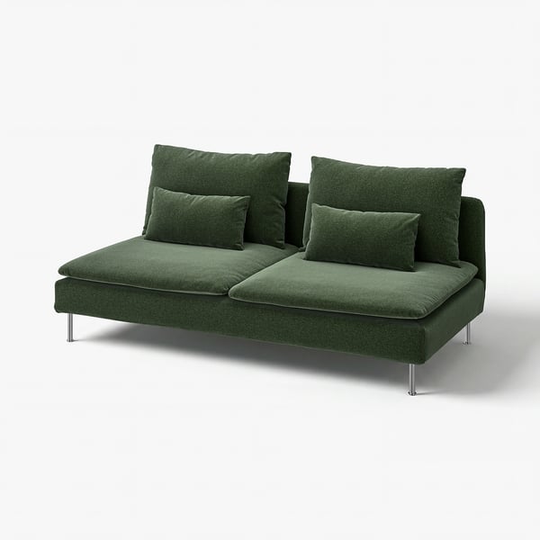 Dunkelgrünes SÖDERHAMN-Sofa, niedriges Profil, tiefe Sitze, Metallbeine, weiche Kissen.