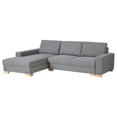 Modernes graues Sektionssofa mit hellen Holzbeinen, schickem und minimalistischem Design.