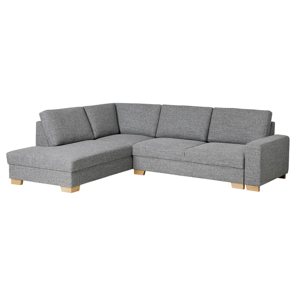 Modernes graues L-förmiges Sofa mit Holzbeinen, Plüschkissen, skandinavischem Stil.