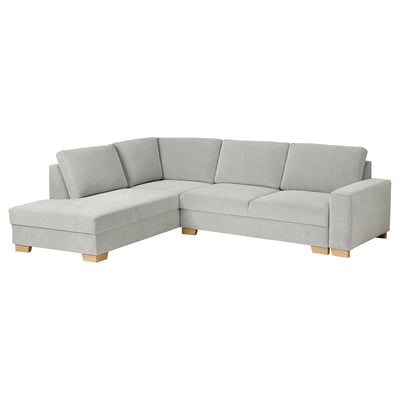 Modernes graues L-Sofa, helle Holzbeine, minimalistischer Stil, bequem mit tiefer Sitzfläche.