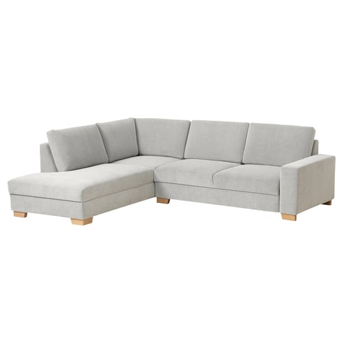SÖRVALLEN modernes Wohnzimmer-Sektionssofa, hellgrauer Stoff, minimalistisches Design, quadratische Kissen.