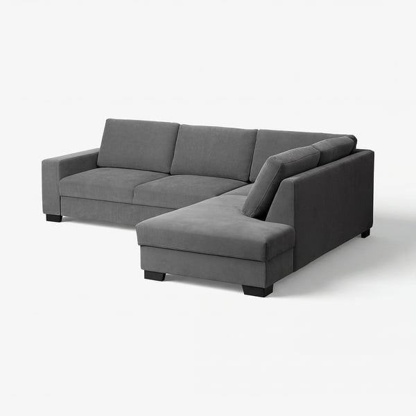 Ein modernes graues SÖRVALLEN-Ecksofa mit minimalistischem Design, mit Chaiselongue und klaren Linien.