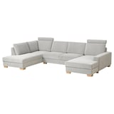 Hellgraues L-förmiges Sofa mit Holzbeinen, modernem, minimalistischem Design, integrierten Kopfstützen und einer Eck-Chaiselongue.
