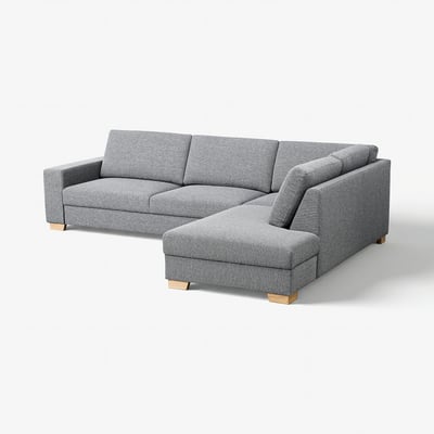 SÖRVALLEN graues l-förmiges Sofa, modernes skandinavisches Design, helle Holzbeine, grauer Tweedstoff.