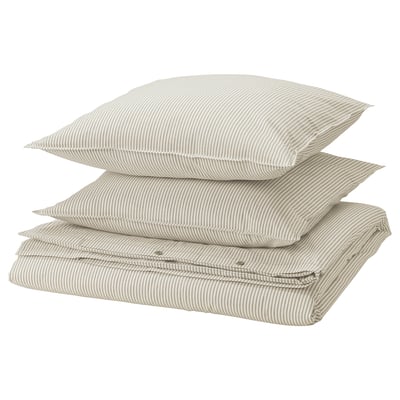 Stapel von 4 weiß und beige gestreiften Kissen. Einfaches, rechteckiges Design.