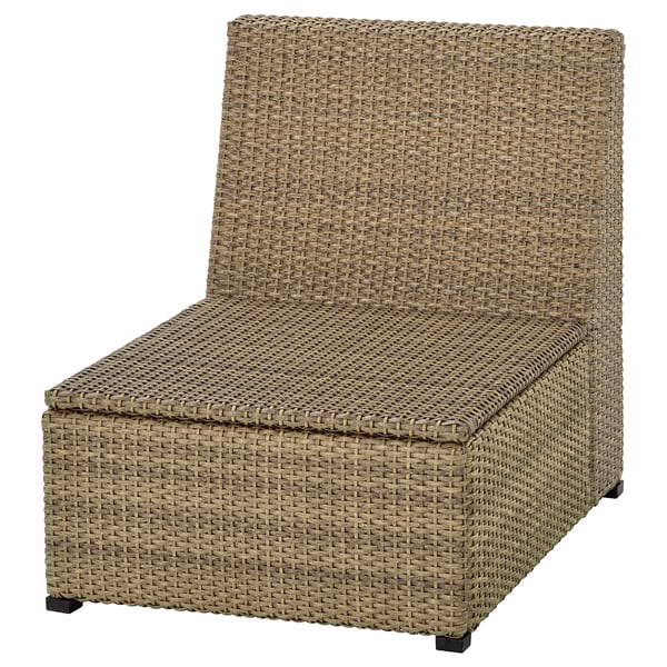 Brauner SOLLERÖN Korbstuhl, geflochten, schwarze Füße. Elegante Sitzgelegenheiten im Freien.