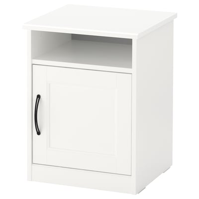 Ein weißer SONGESAND-Schrank mit einer einzigen Tür und einem schwarzen Griff. Es hat eine rechteckige Form und ein minimalistisches Design.