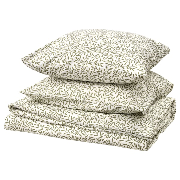 Beige-grünes Bettwäsche-Set mit Blattmuster, 4-tlg., Baumwoll-Polyester-Mischung.