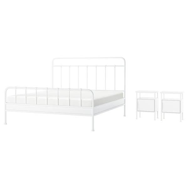 Ein weißes STJÄRNÖ-Bettgestell mit geschwungenem Design und ein passender Gråfjället-Nachttisch. Beide sind aus Stahl mit einer pulverbeschichteten Oberfläche gefertigt.