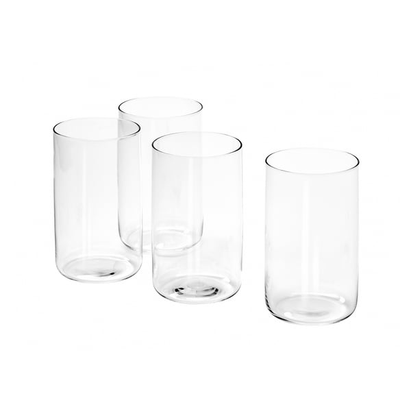 Set aus vier transparenten, mundgeblasenen Glasbechern mit elegantem, geradem Design, Teil der STOCKHOLM 2025 Kollektion.