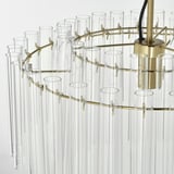 Eleganter Kronleuchter mit Klarglasröhren und goldenen Metallhaken. Anspruchsvolles Design; hochwertige Materialien.