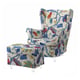 Heller, gemusterter Sessel und Hocker mit Blumen- und Blattmotiven in Blau, Orange und Gelb auf weißem Stoff, recyceltem Polyester und Baumwolle.