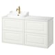 Ein weißer Badezimmerschrank von TÄNNFORSEN mit zwei Schubladen und einer Arbeitsplatte aus Marmor. Es ist ein klassisches Design mit einem goldenen Wasserhahn.